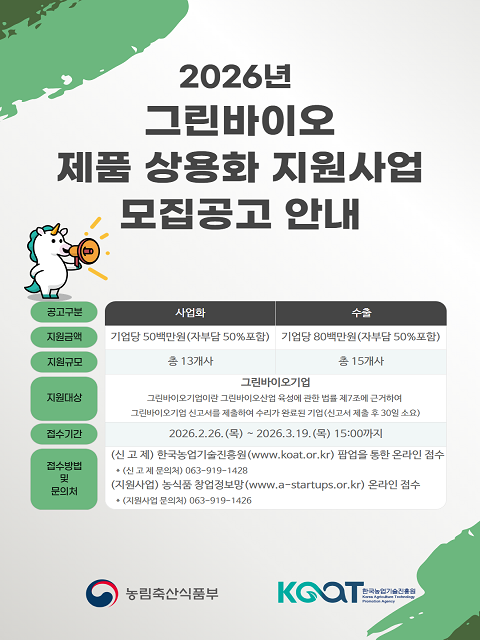 2026년 그린바이오 제품 상용화 지원(사업화) 모집 공고
